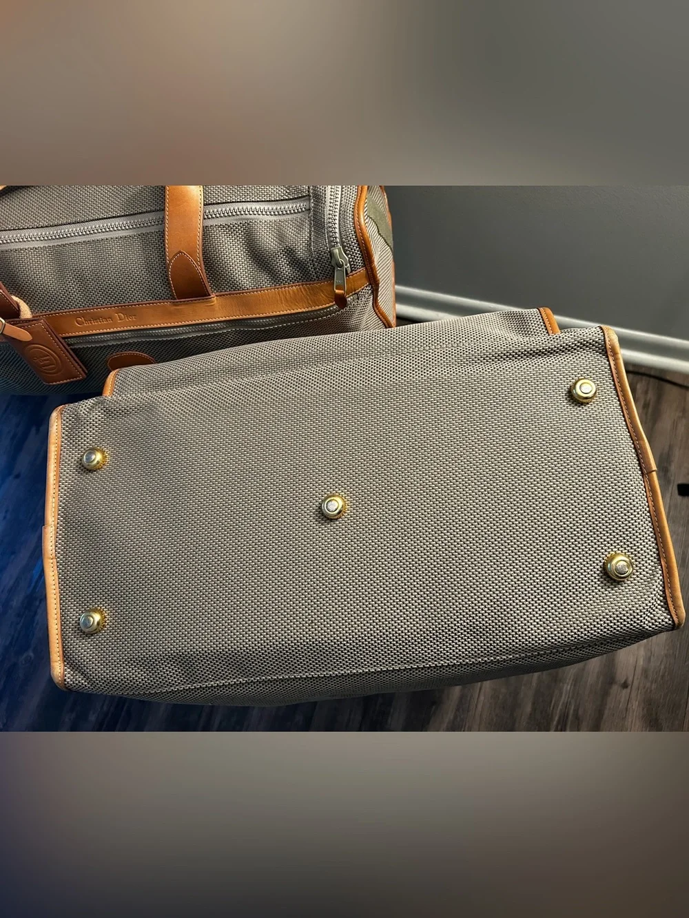 Christian Dior Vintage 3 Piece Honeycomb Canvas Tan Leather Travel set